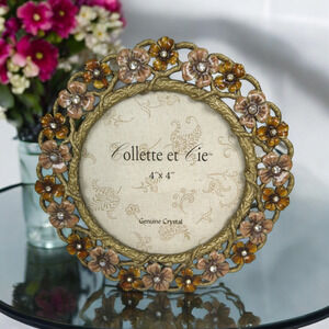 Vintage Collette et Cie Round Picture Frame Enamel Crystal Rhinestone Floral